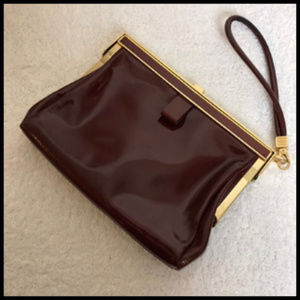Anne Klein Maroon Patent Leather Clutch Bag Gold Tone Trim & Wristlet